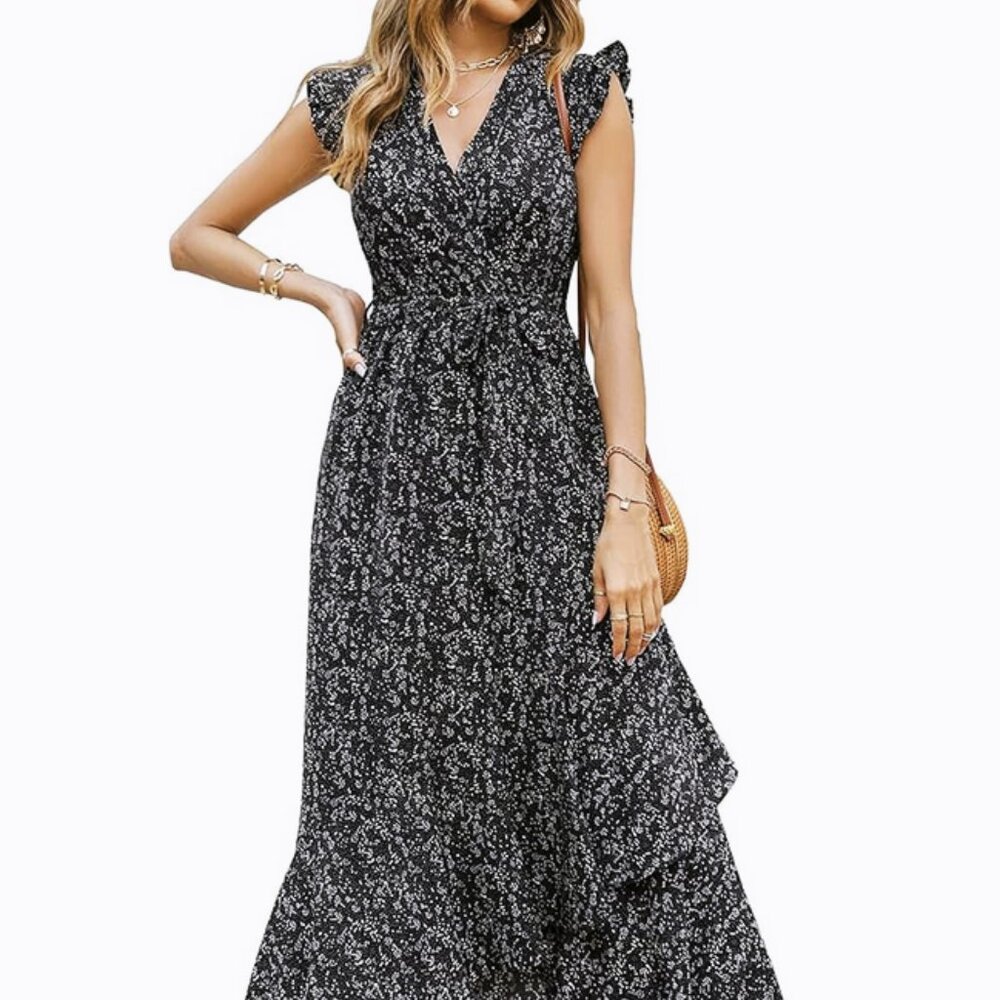 Women's Boho Floral Black High-Low Maxi Dress